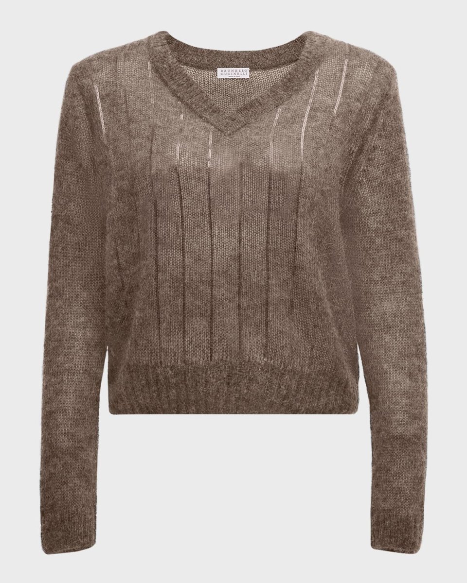 Tonal Sequin Pinstripe V-Neck Mohair Sweat